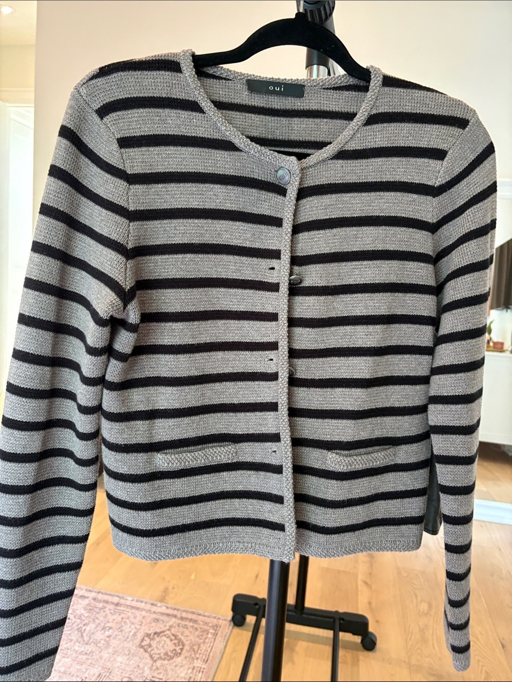 Gray and Black Striped Button-Front Cardigan